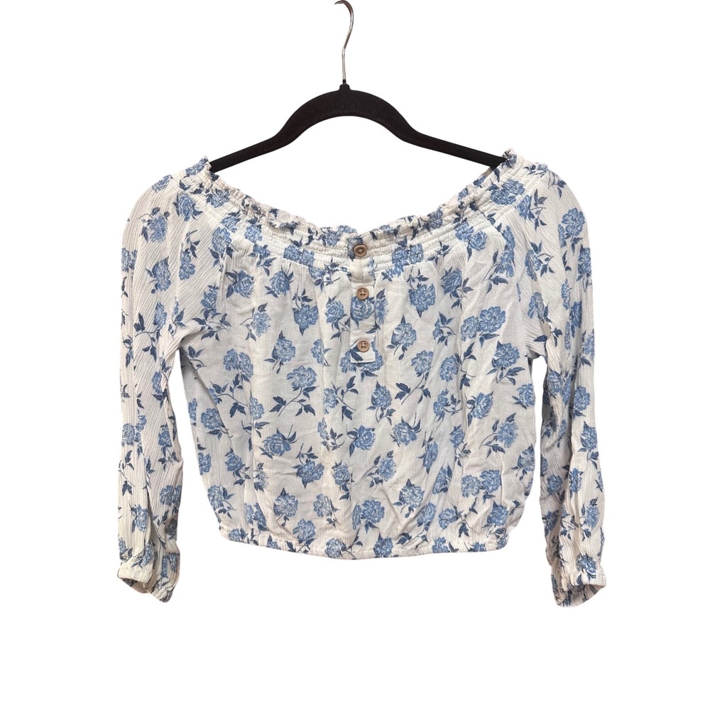 Vanilla Star Women Blue Floral Off Shoulder Crop Top Long Sleeve Blouse Size‎ S